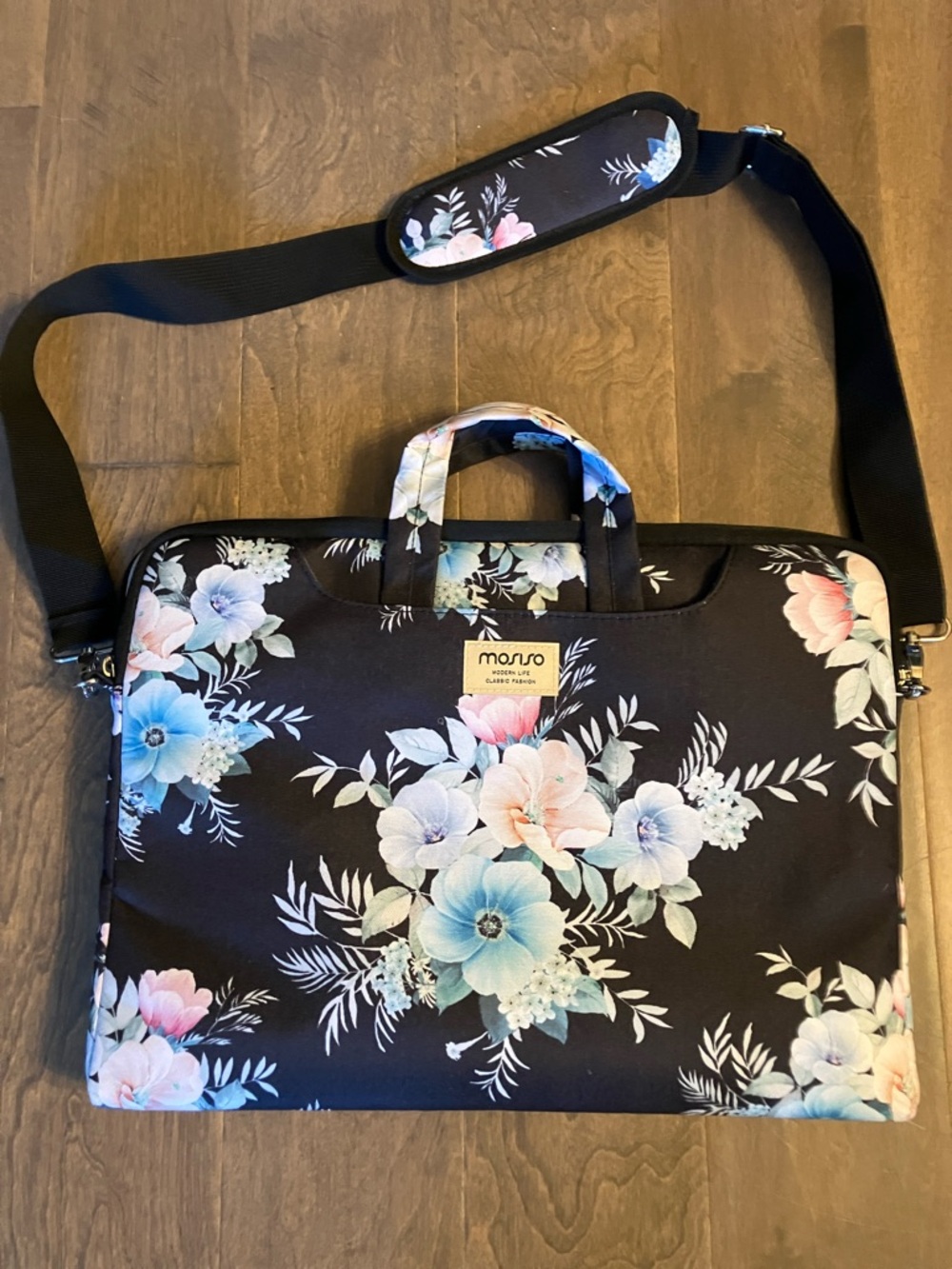 Mosiso Floral Laptop Bag for Women — Black with Pastel Blue & Pink Flowers